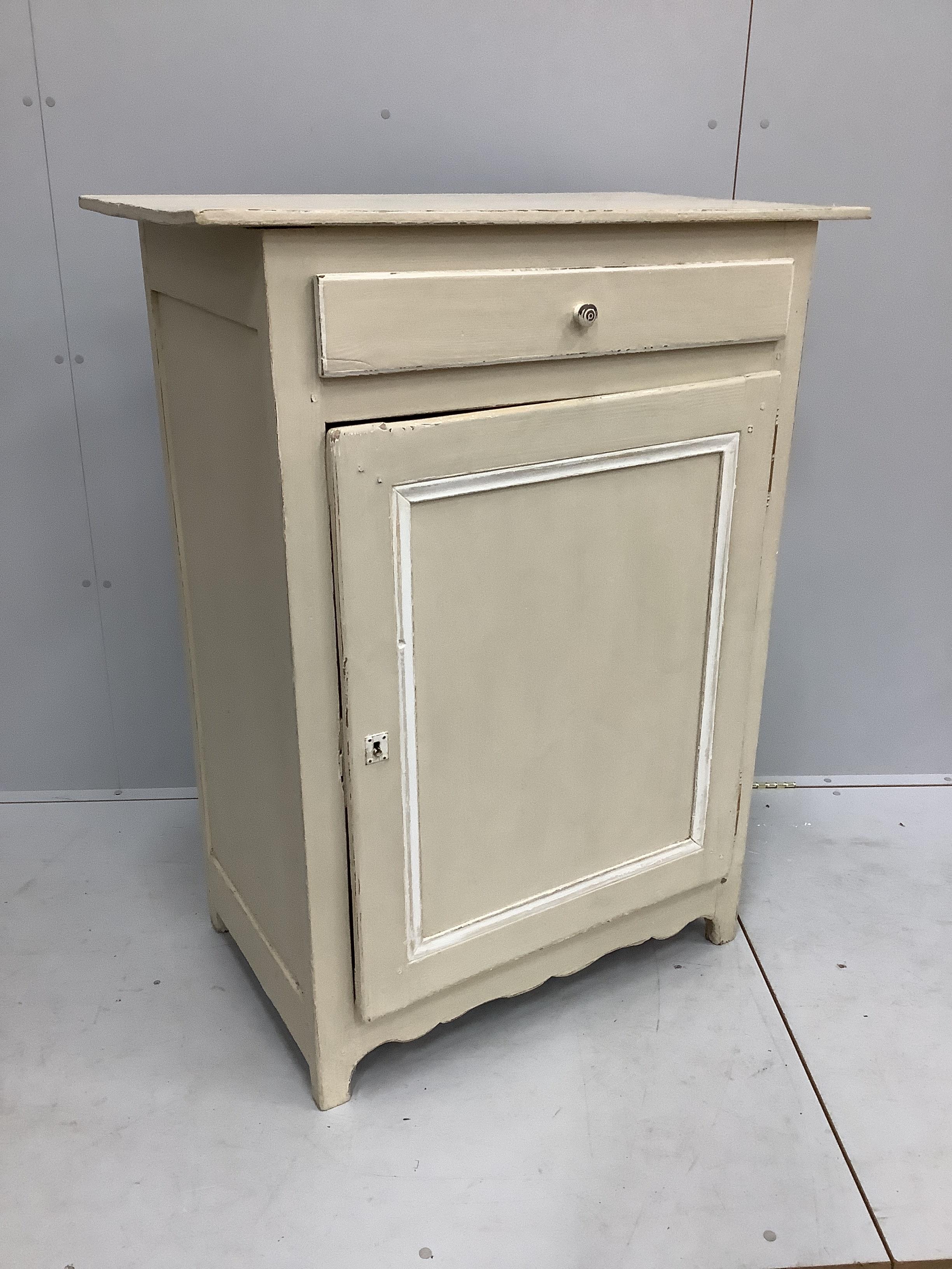 A 19th century Continental painted pine side cabinet, width 94cm, depth 52cm, height 122cm